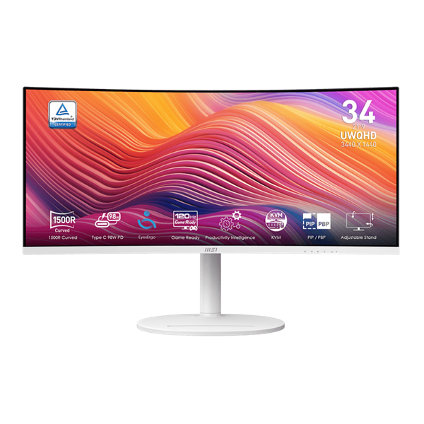 MSI Monitor Business Modern MD342CQPW Ívelt 34" QHD, 3440x1440, 100Hz VA 21_9, 3000_1 CR, 300cd/m2, 4ms, HDMI, DP, White (9S6-3PC59H-012)-0